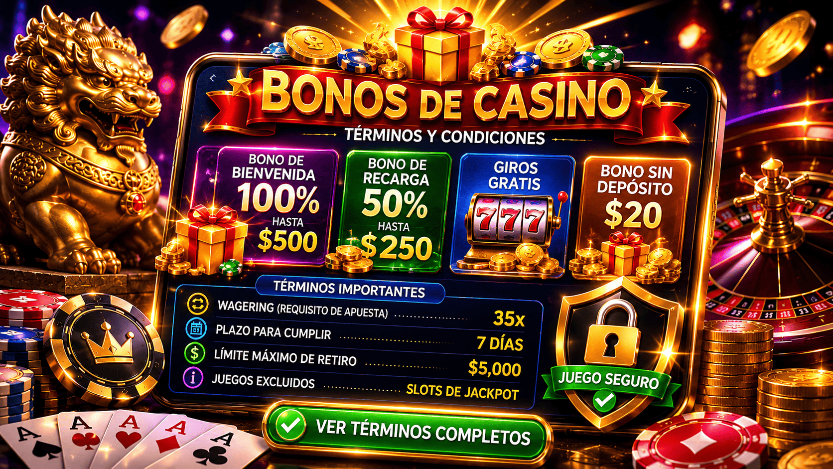 Sección de bonos de casino con términos de wagering y límites